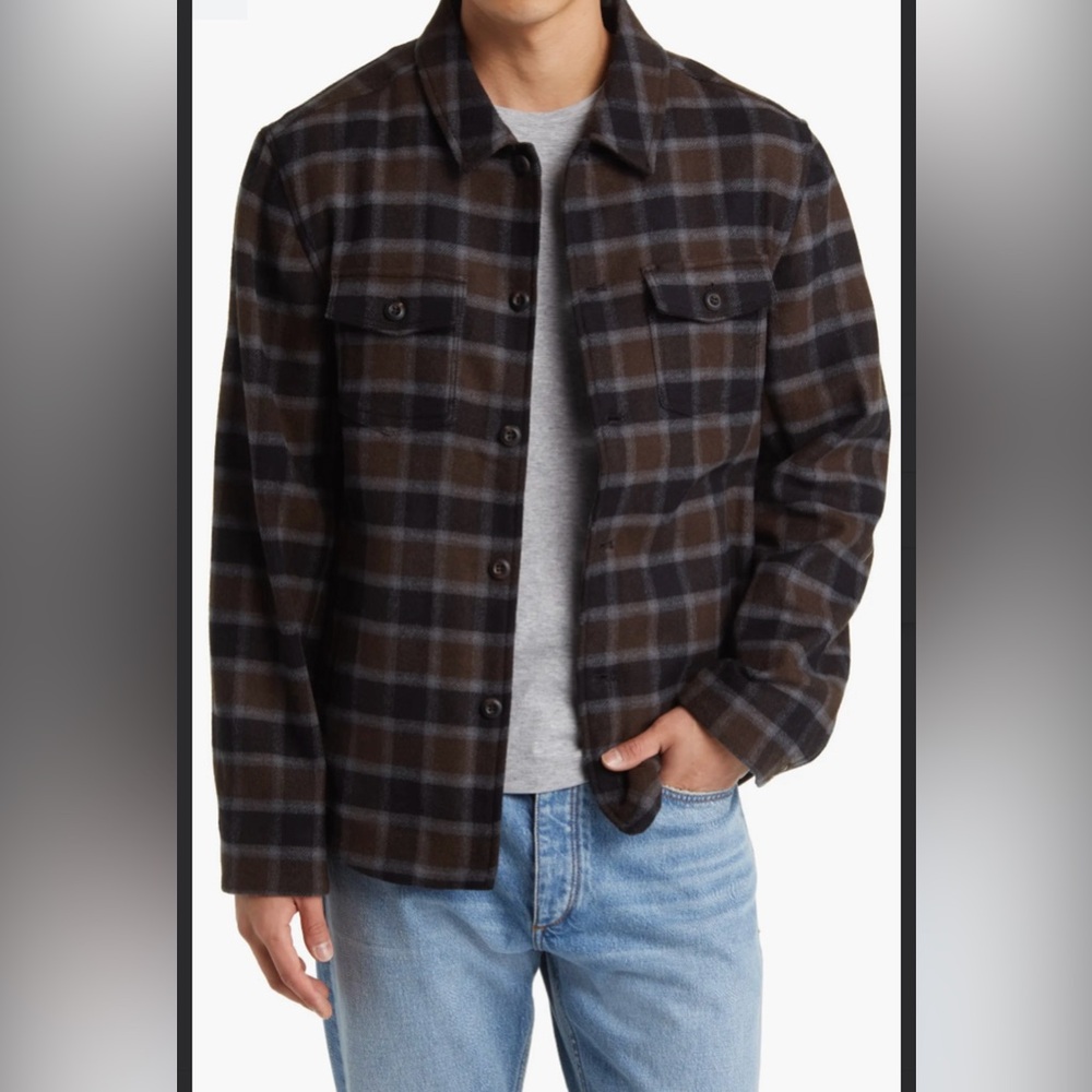 $448 NWT Billy Reid Shirt Jacket S Mo Wool Men's Olive Brown Plaid Light Coat